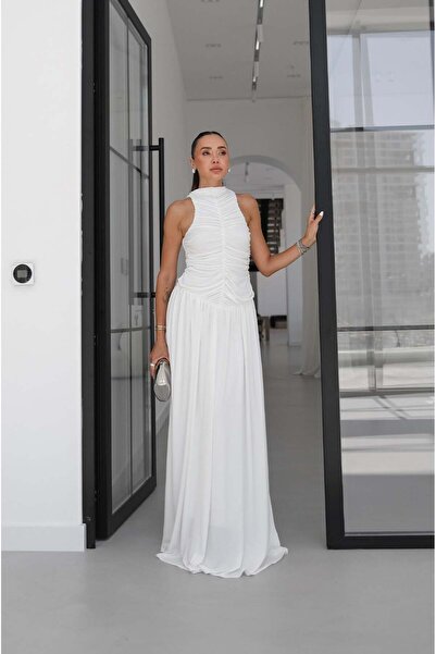 Havoş White Sasim Long Dress with Draped Front