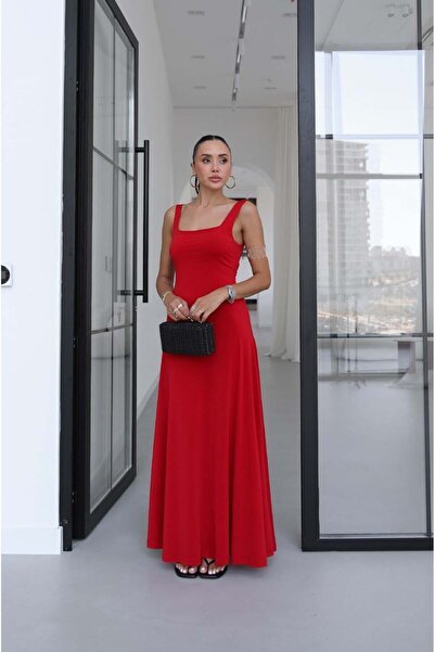 Havoş Red Thick-Strapped Long Dress