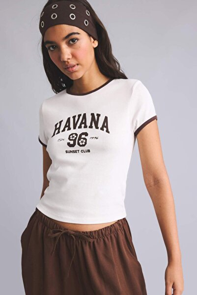 DeFacto Fitted Crew Neck Printed Ribbed Short Sleeve T-Shirt I3737Ax26Hs