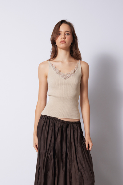 Nisan Lace-Detail Tricot Top Beige