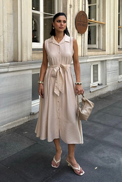 BEJNA Women's Belted Linen Textured Summer Shirt Dress