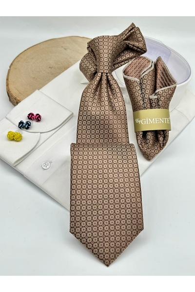 Gutiero Light Brown Patterned Classic Tie with Handkerchief