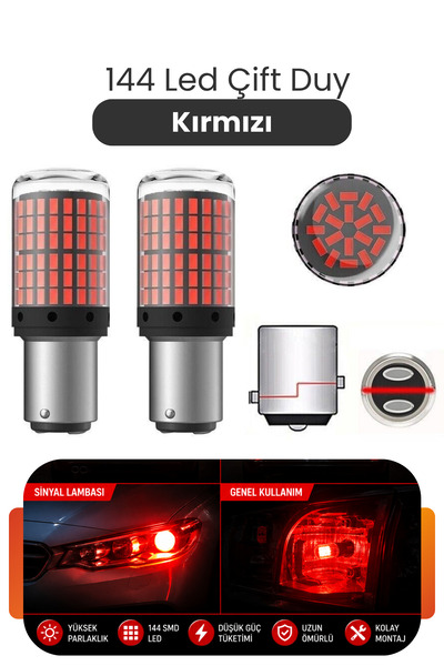 Asdelya 144 LED Çift Duy Kırmızı LED Ampul BAY15D 1157 Stop Fren Park Lambası...