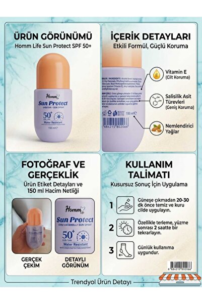 HOMM BİTKİSEL ÜRÜNLER Homm Bitkisel suya dayanıklı güneş spreyi