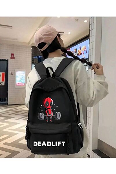 Minga London Rucsac negru cu imprimeu Deadlift pentru școală, sală de clasă, ...
