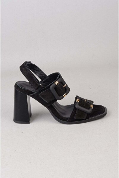 SEÇ KUNDURA Seç 4177 Genuine Leather Heel Sandals (Heel: 8 cm) Black Suede