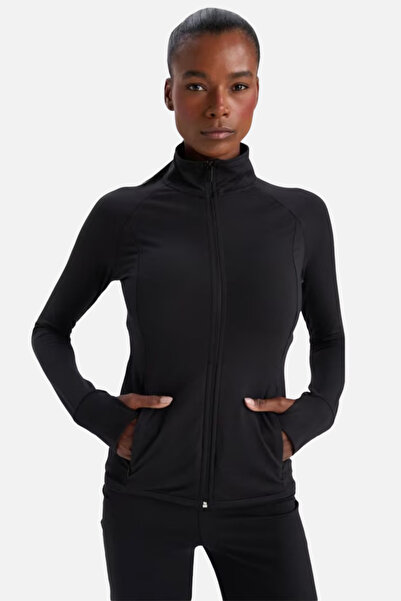soft&basic Black Zippered High Collar Basic Fitted Cardigan with Pockets and ...
