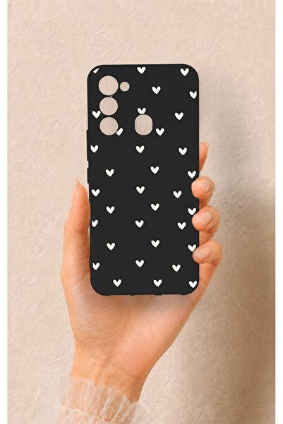 Vip Case Tecno Spark 8C Uyumlu Beyaz Mini Kalp Siyah Desenli Silikon Kılıf