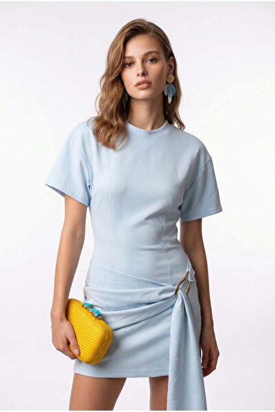 Mixray 2144 Women's Draped Belted Half Sleeve Mini Dress Baby Blue