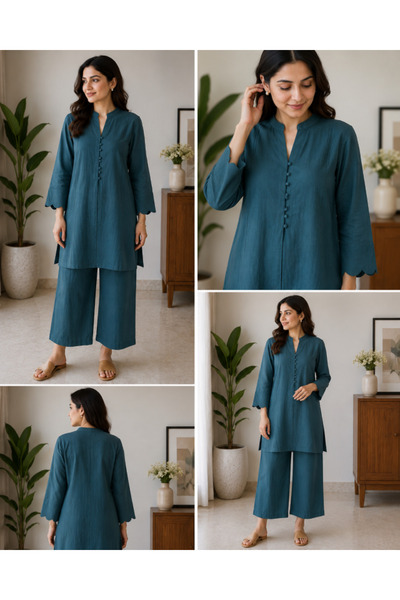 Libas lab - Teal Cotton Co-Ord Set with Scalloped Sleeves & Fabric Button Detail