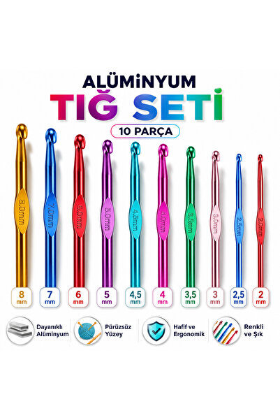 AiryFooT Metal Handle Crochet Hook Set 10 Different Sizes No 2-2,5-3-3,5-4-4,...