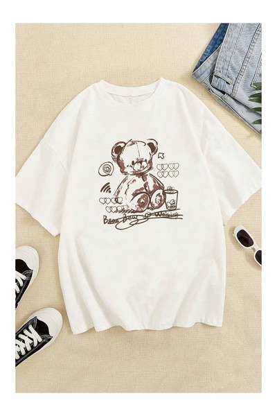 ZİYMO Women's Bear Printed Oversized T-Shirt