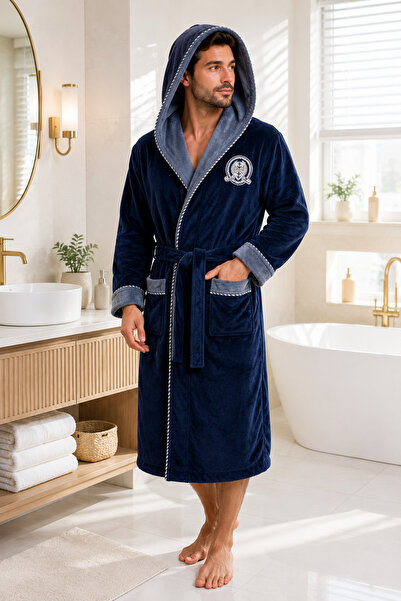 sternen glanz Quality Navy Blue Hooded 100% Cotton Embroidered Adult Bathrobe