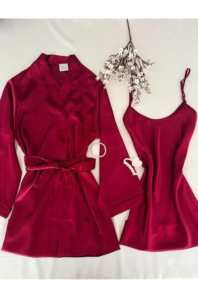 MH Moony Homewears 2-Piece Burgundy Satin Nightgown and Dressing Gown Set