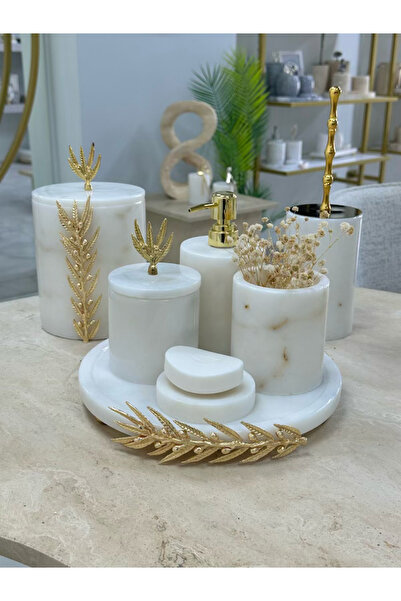 veloraliving Decorative Natural White Marble 7-Piece Gold Olive Branch Bathro...