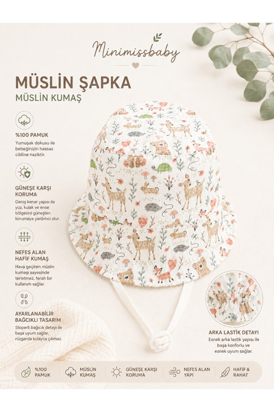 Minimissbaby 2-Layer Muslin Unisex Baby Kids Bucket Hat with Animal Figures