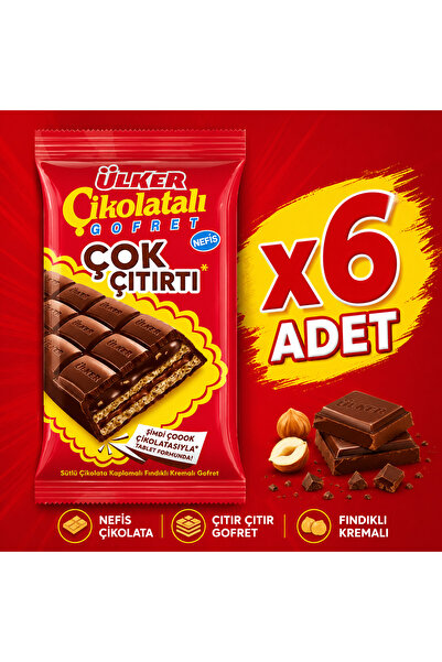 Ülker Çok Çıtırtı Sütlü Çikolatalı Fındık Kremalı Gofret (100 g) x6 adet