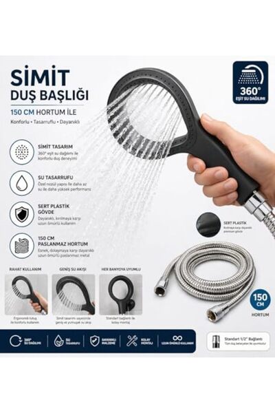 Yıldızan Sbl Store Simit Shower Head Hard Plastic, Hand Shower with 150 cm St...