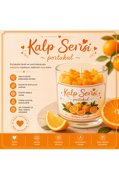 Portakal Kokulu Kalp Serisi Bardak Mum 🍊 Turuncu Kalp Detaylı El Yapımı Dekoratif Soya Mum