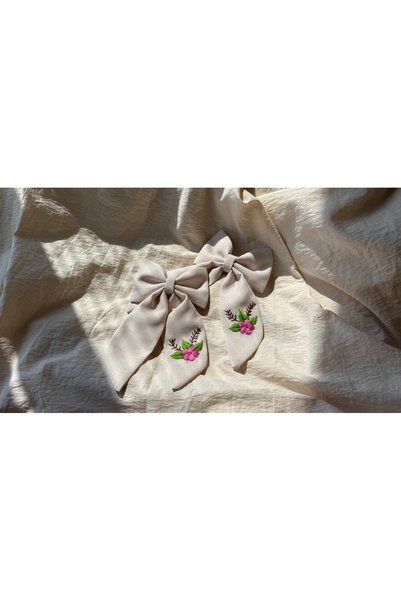 Generic Brand Pink Flower Embroidered Beige Bow Hair Clip |   Handmade Fabric Ribbon Buckle |   Girls & Women