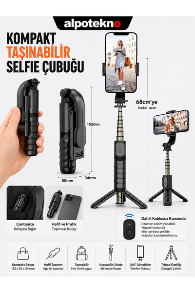 alpotekno Bluetooth Kumandalı Mini Selfie Çubuğu Tripod 68 cm Uzatılabilir Te...