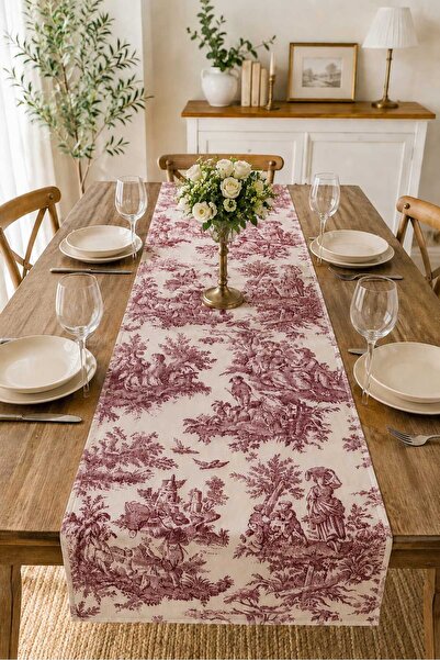 HOME ART ATELIER hand made Bordo Fransız Köylüler Desenli keten 40x140cm Runner