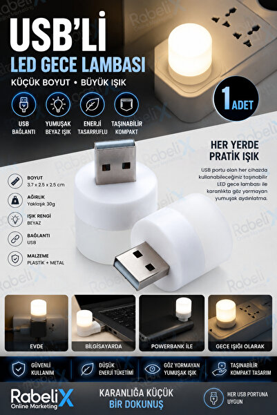 Rabelix Online Marketing Tak Çalıştır Mini USB LED Gece Lambası Beyaz Işık Ta...
