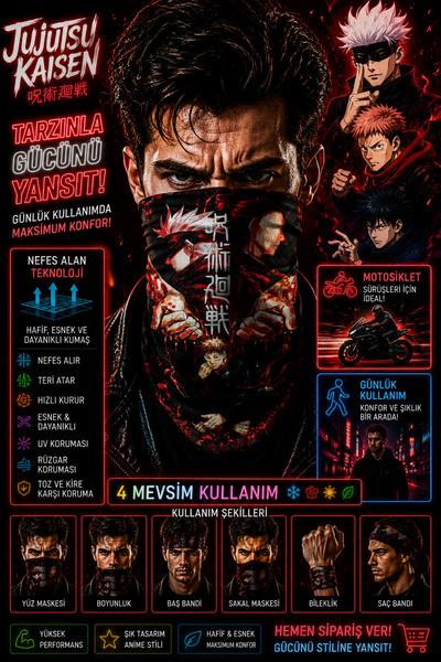 FG KONNİCHİWA Jujutsu Kaisen Bandana Anime Face Mask and Neck Gaiter and Dail...