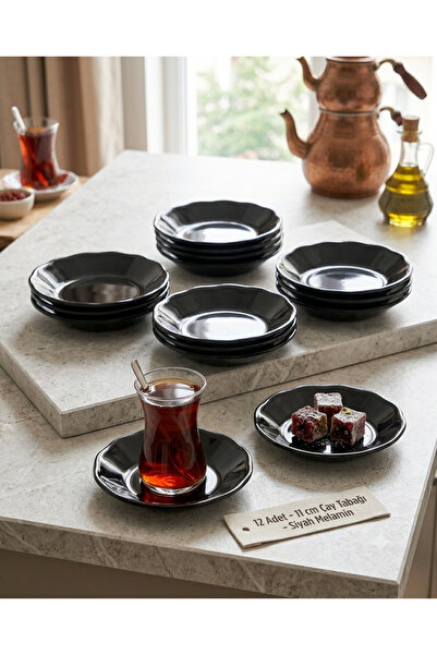 BİODATA 12 Pieces 11 cm Glossy Black Melamine Tea Plates - Break-Resistant De...