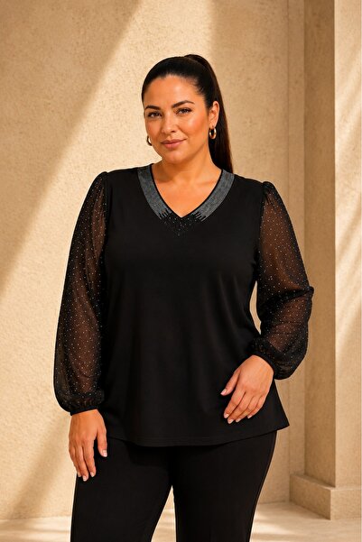 FOR ESRA BIG TREND Women's Plus Size Black Collar Sleeve Stoned Transparent V...