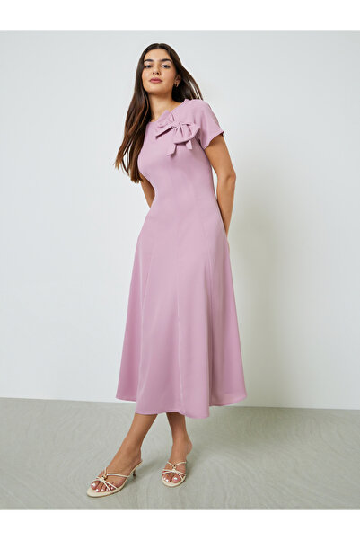 Take Two By Styli Pink Bow Decor A-Line Midi Dress
