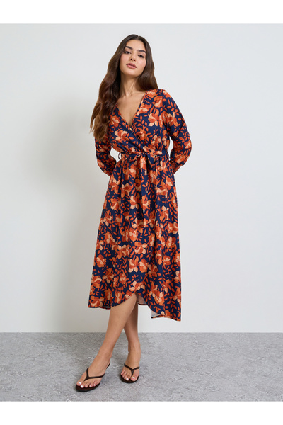 Take Two By Styli Multi Floral Wrap Midi Dress with Long Sleeves