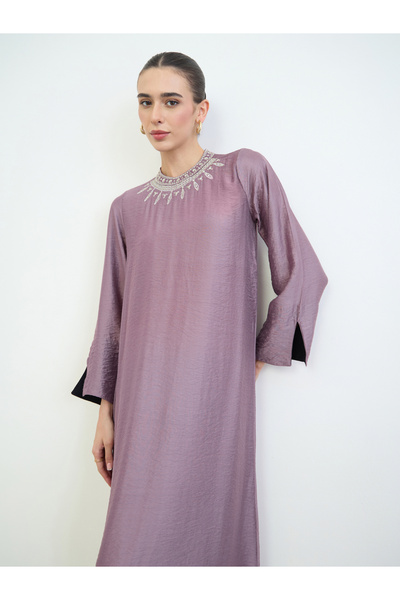 Amirah By Styli Purple Sequined Embroidery Yoke Jalabiya
