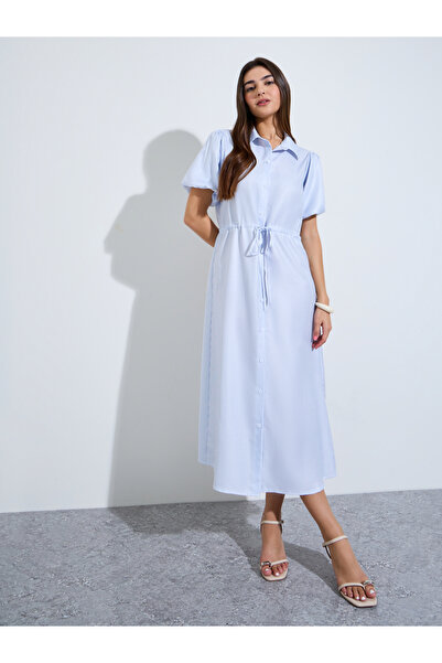 Styli Blue Striped Shirt Midi Dress