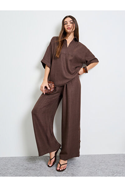 Amirah By Styli Brown Oversized Top and Wide Leg Pants Modest Set