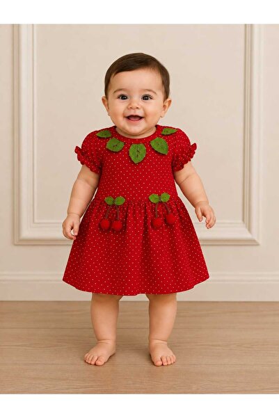 luvia KIZ BEBEK KİRAZ APLİKELİ PUANTİYELİ ELBİSE -KIRMIZI