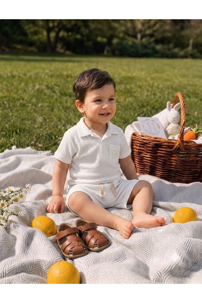 OMY Cotton Waffle Fabric Collar Pocket Detail Summer 2-Piece Shorts Set for A...