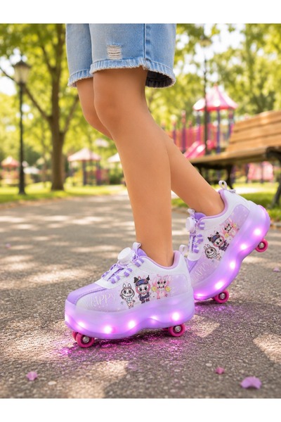 minibonito Çocuk Şarj Edilebilir LED Işıklı Paten Ayakkabı Düğmeli Açılır Tek...