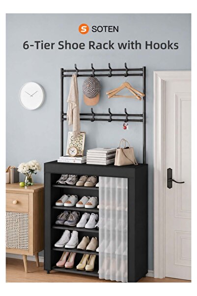 Generic SOTEN 6-Tier Shoe Rack Shoe Cabinet with Hooks, Entryway Shoe Organiz...