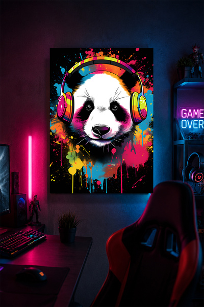 Lucena Gaming Panda Pictură murală metalică cu căști Decor pentru cameră pent...