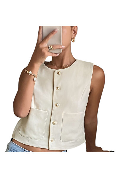 OEM Top stil vesta, crem, cu nasturi, din viscoza, S