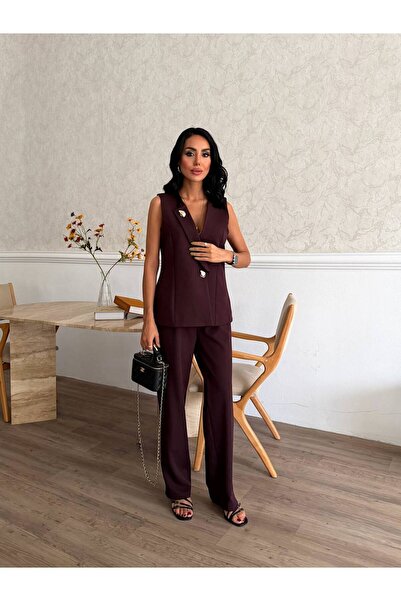 Bella Breeze Women's Vest Pants Gold Button Detailed Stylish Two-Piece Set