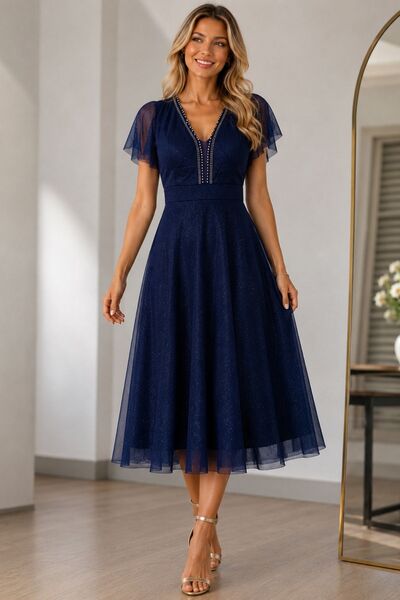 HİRAMİR Kadın Yeni Sezon Büyük Beden Simli Midi Boy Abiye Elbise YZ2748