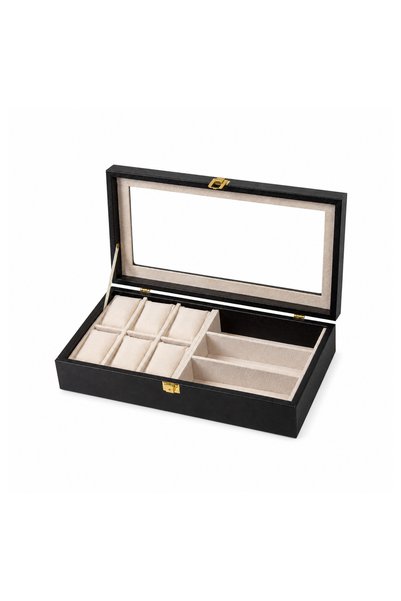 Güner Ofis 6-Watch and 3-Glasses Compartment Leather Organizer Box with Glass Lid |   Watch and Glasses Storage Box