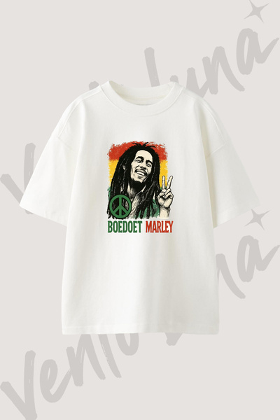 Vento Luna Bob Marley_2 Tasarım Baskılı Unisex Oversize Kalıp Beyaz Tshirt
