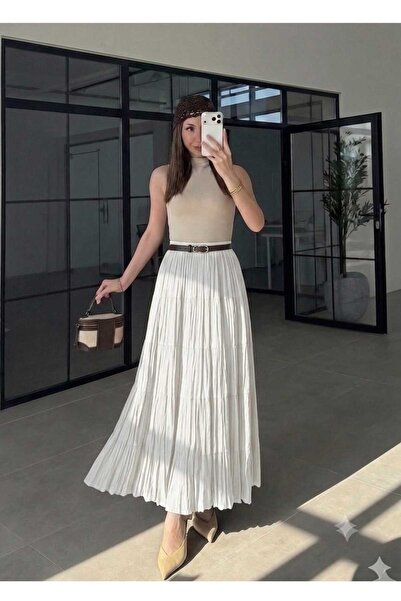 QUAWEAR Layered Tencel Crinkle Skirt with Elastic Waistband