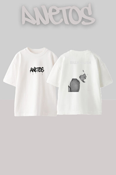 Anetos تي شيرت أبيض كبير الحجم مطبوع بتصميم Billie Eilish_50 للجنسين