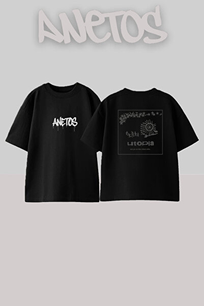 Anetos Travis Scott Utopia_3 dizajn, štampana unisex majica oversize crne boje