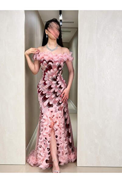 Mar style Rosa Evening Gown with Velvet Embroidery and 3D Floral Appliques