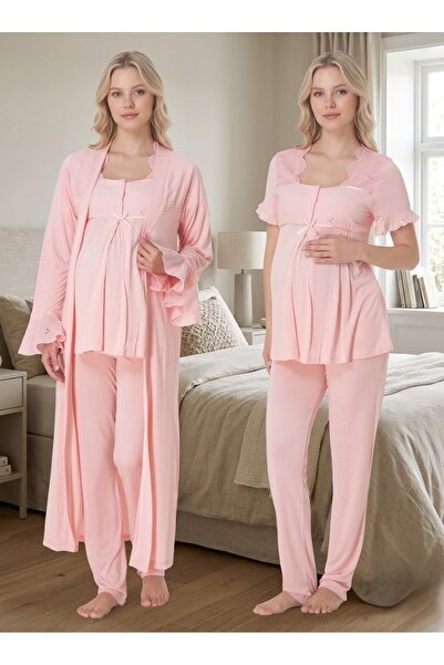Pelin Women's Powder Linen Scallop Lace New Season 3-Piece Maternity Pajama S...